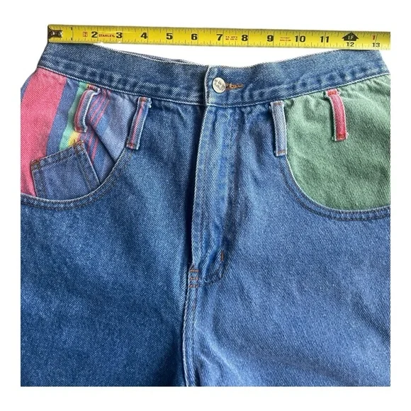 Vintage 90s rainbow stripe retro high waist denim shorts 7/8 fit 26 waist - Picture 5 of 7